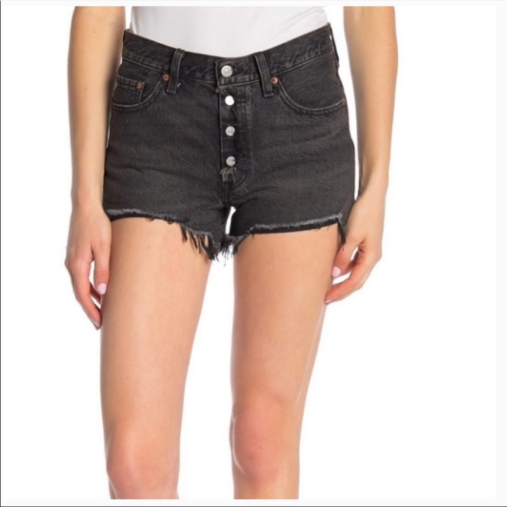Levi's 501 High Rise Distressed Button Front Raw Hem Black Shorts, Size 25